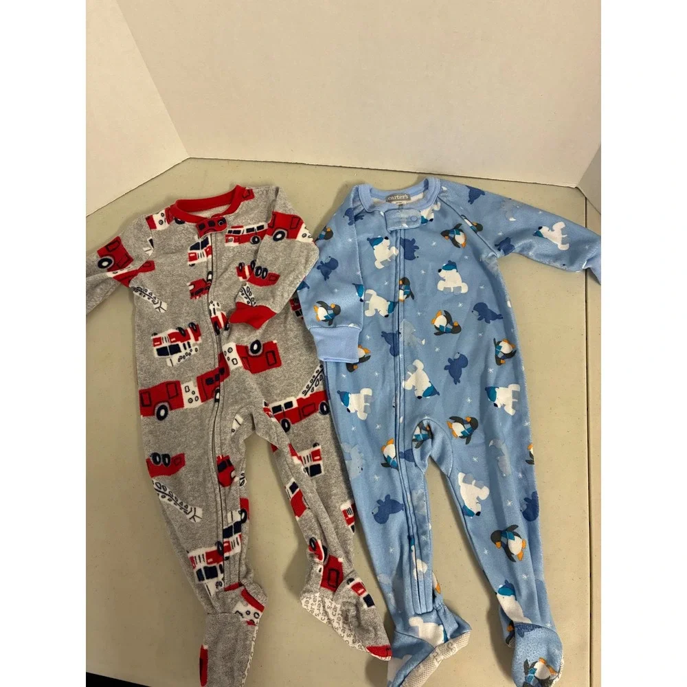 Carters 12M Fleece Footed Pajamas Set of 2 Fire Truck Polar Bear Blue Grey‎ PJs